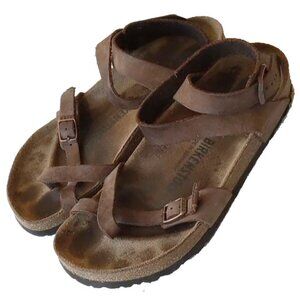 Birkenstock Ankle Wrap Strap Thong Sandals 38 Brown Leather Cork